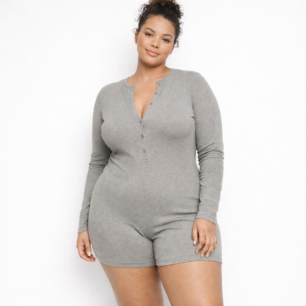 SKIMS Soft‎ Lounge Button Up Henley Romper Heather Gray 4X